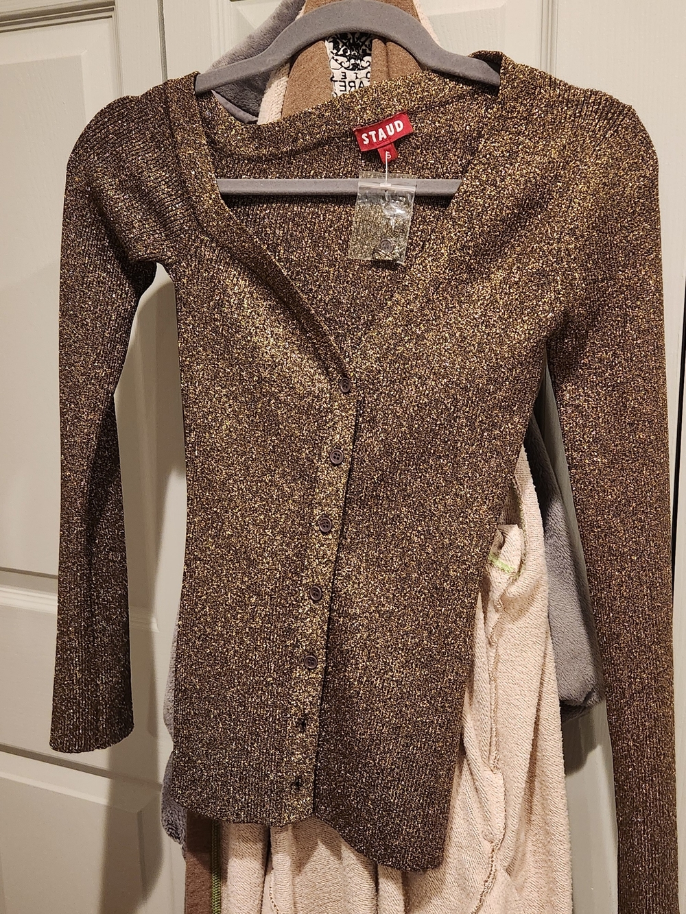 STAUD Gold and Brown Metallic Knit Button-Front Cardigan